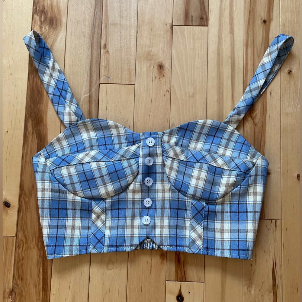 ZAFUL Button Up Cropped Bustier Plaid Cami Top -Small